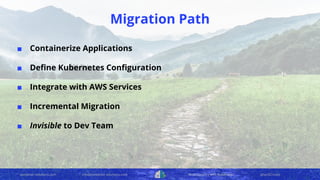 container-solutions.com info@container-solutions.com Multi-Tenancy with Kubernetes @IanDCrosby
Migration Path
■ Containerize Applications
■ Deﬁne Kubernetes Conﬁguration
■ Integrate with AWS Services
■ Incremental Migration
■ Invisible to Dev Team
 