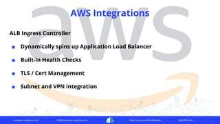 container-solutions.com info@container-solutions.com Multi-Tenancy with Kubernetes @IanDCrosby
AWS Integrations
ALB Ingress Controller
■ Dynamically spins up Application Load Balancer
■ Built-in Health Checks
■ TLS / Cert Management
■ Subnet and VPN integration
 
