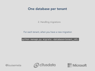 2. Handling migrations
python manage.py migrate —database=tenant_id1;
For each tenant, when you have a new migration
One database per tenant
@louisemeta
 