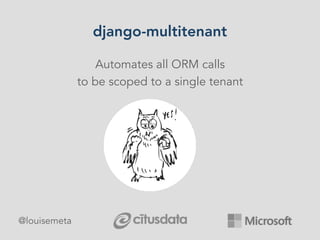 django-multitenant
Automates all ORM calls
to be scoped to a single tenant
@louisemeta
 