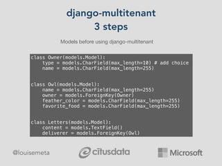 django-multitenant
3 steps
Models before using django-multitenant
class Owner(models.Model):
type = models.CharField(max_length=10) # add choice
name = models.CharField(max_length=255)
class Owl(models.Model):
name = models.CharField(max_length=255)
owner = models.ForeignKey(Owner)
feather_color = models.CharField(max_length=255)
favorite_food = models.CharField(max_length=255)
class Letters(models.Model):
content = models.TextField()
deliverer = models.ForeignKey(Owl)
@louisemeta
 