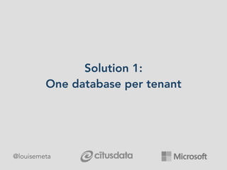 Solution 1:
One database per tenant
@louisemeta
 