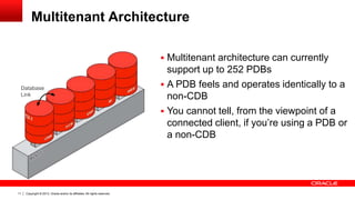 Copyright © 2013, Oracle and/or its affiliates. All rights reserved. Confidential – Oracle Restricted11
Multitenant Architecture
 Multitenant architecture can currently
support up to 252 PDBs
 A PDB feels and operates identically to a
non-CDB
 You cannot tell, from the viewpoint of a
connected client, if you’re using a PDB or
a non-CDB
Database
Link
 