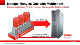 Copyright © 2013, Oracle and/or its affiliates. All rights reserved. Confidential – Oracle Restricted22
Manage Many as One with Multitenant
Backup databases as one; recover at pluggable database level
One Backup
Point-in-time recovery
At pluggable database level
 