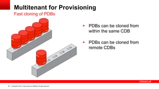 Copyright © 2013, Oracle and/or its affiliates. All rights reserved. Confidential – Oracle Restricted30
Multitenant for Provisioning
 PDBs can be cloned from
remote CDBs
 PDBs can be cloned from
within the same CDB
Fast cloning of PDBs
 