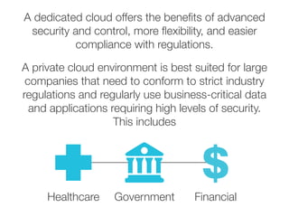 A dedicated cloud offers the benefits of advanced
security and control, more flexibility, and easier
compliance with regulations.
A private cloud environment is best suited for large
companies that need to conform to strict industry
regulations and regularly use business-critical data
and applications requiring high levels of security.
This includes
Healthcare Government Financial
 