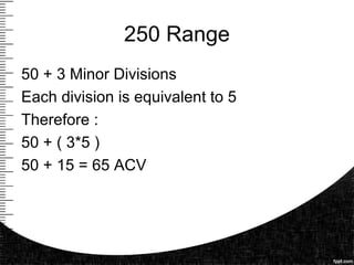 250 Range
50 + 3 Minor Divisions
Each division is equivalent to 5
Therefore :
50 + ( 3*5 )
50 + 15 = 65 ACV
 