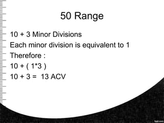 50 Range
10 + 3 Minor Divisions
Each minor division is equivalent to 1
Therefore :
10 + ( 1*3 )
10 + 3 = 13 ACV
 