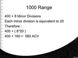 1000 Range
400 + 8 Minor Divisions
Each minor division is equivalent to 20
Therefore :
400 + ( 8*20 )
400 + 160 = 560 ACV
 