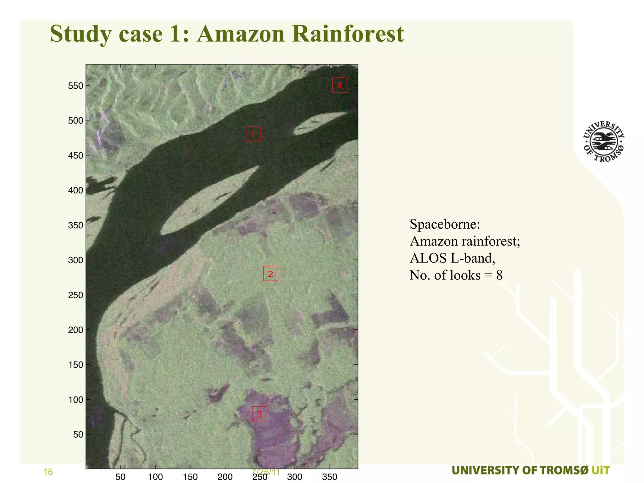 Study case 1: Amazon Rainforest
     550                                          4


     500
                                  1

     450


     400


     350                                              Spaceborne:
                                                      Amazon rainforest;
     300                                              ALOS L-band,
                                          2           No. of looks = 8
     250


     200


     150


     100
                                      3

      50



16                                7/25/11
           50   100   150   200   250     300   350
 
