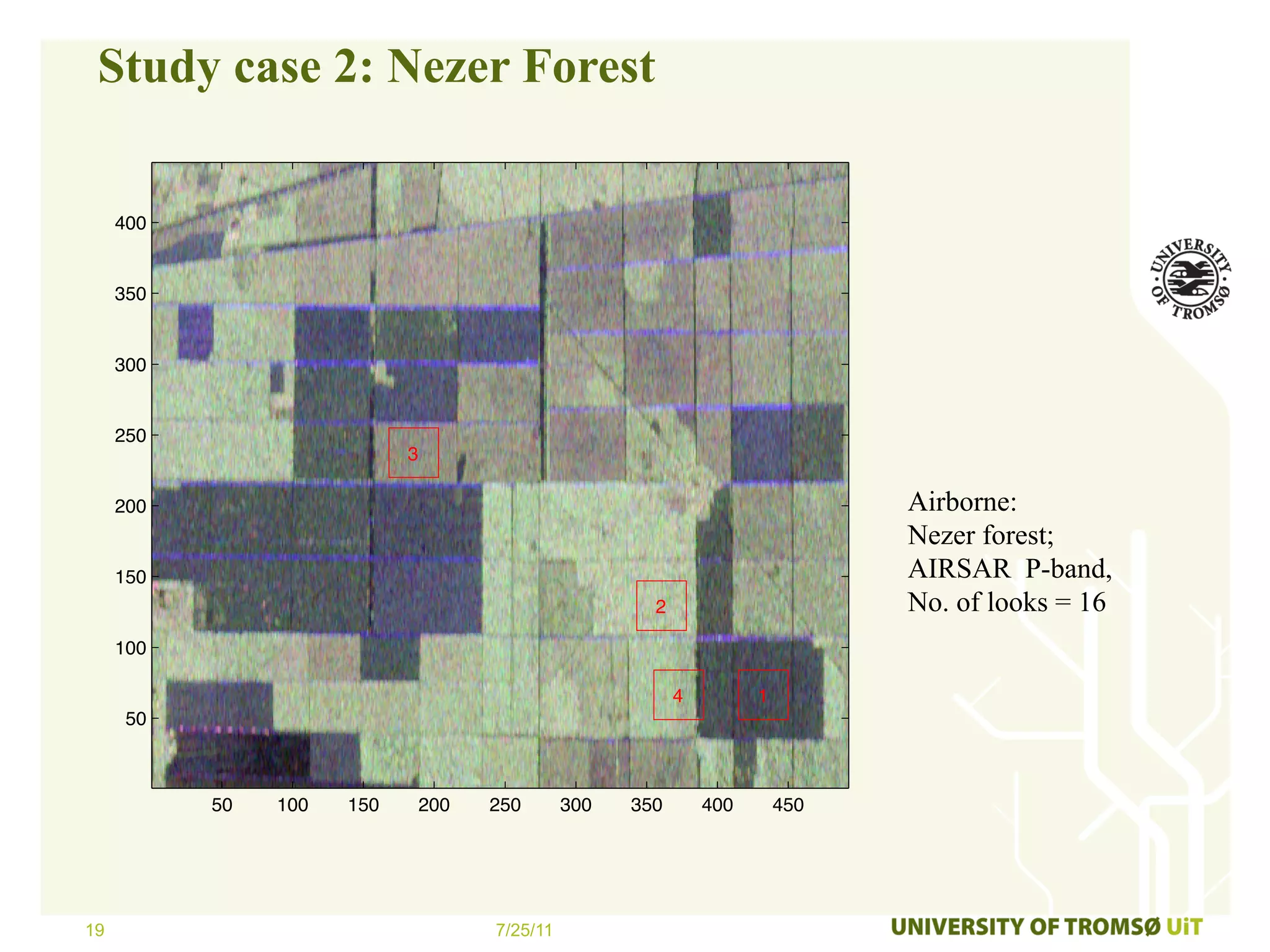 Study case 2: Nezer Forest

     400


     350


     300


     250
                            3

     200                                                                        Airborne:
                                                                                Nezer forest;
     150                                                                        AIRSAR P-band,
                                                        2                       No. of looks = 16
     100

                                                            4         1
      50



           50   100   150       200   250       300   350       400       450




19                                    7/25/11
 