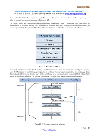 ISSN 2349-7815
International Journal of Recent Research in Electrical and Electronics Engineering (IJRREEE)
Vol. 2, Issue 1, pp: (10-23), Month: January - March 2015, Available at: www.paperpublications.org
Page | 18
Paper Publications
The benefits of multithreaded programming applied to embedded system can be broken down into three major categories
listed as: responsiveness, resource sharing and economy [24].
The Thread Context Block implemented for the middleware, shown in the Figure 12, comprises State, where stored the
transition state of the thread, priority which determines the execution order, the CPU registers as Instruction Pointer (IP)
and stack pointer (SP), the segment of the Thread Data and the Locals variables for the execution of the Thread.
Figure 12: Thread Context Block.
The kernel, switches between the threads, making use of the information content into context block (see Figure 13). For it,
saves the VM state on the context block corresponding to the thread which have exhausted its time processor usage, check
the schedule (with the policy describe later) for the next thread to be executed, locates the context block indicated and
restore the saved context into the VM state and continues the execution while is no exhausted the assigned time.
Figure 13: CPU switches from thread to thread.
 