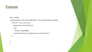 Example
class Table{
synchronized void printTable(int n){//synchronized method
for(int i=1;i<=5;i++){
System.out.println(n*i);
try{
Thread.sleep(400);
}catch(Exception e){System.out.println(e);}
}
}
}
 