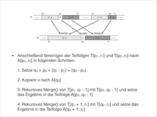 Anschließend Vereinigen der Teilfolgen T[p1..r1] und T[p2..r2] nach
A[p3..r3] in folgenden Schritten: 

•

 

1. Setze q3 = p3 + (q1 - p1) + (q2 - p2) 
 

2. Kopiere x nach A[q3] 
 

3. Rekursives Merge() von T[p1..q1 - 1] mit T[p2..q2 - 1] und setze
das Ergebnis in die Teilfolge A[p3..q3 - 1] 
 

4. Rekursives Merge() von T[q1 + 1..r1] mit T[q2..r2] und setze das
Ergebnis in die Teilfolge A[q3 + 1..r3]

 