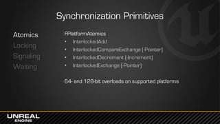 Synchronization Primitives
Atomics
Locking
Signaling
Waiting
FPlatformAtomics
• InterlockedAdd
• InterlockedCompareExchang...