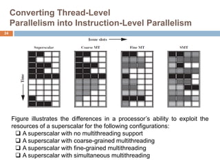 Converting Thread-Level
Parallelism into Instruction-Level Parallelism
Figure illustrates the differences in a processor’s ability to exploit the
resources of a superscalar for the following configurations:
 A superscalar with no multithreading support
 A superscalar with coarse-grained multithreading
 A superscalar with fine-grained multithreading
 A superscalar with simultaneous multithreading
24
 