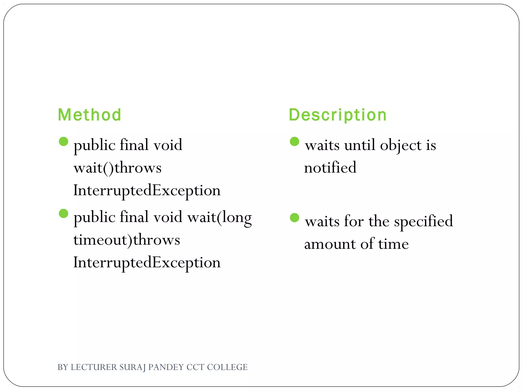 Method Description
public final void
wait()throws
InterruptedException
public final void wait(long
timeout)throws
InterruptedException
waits until object is
notified
waits for the specified
amount of time
BY LECTURER SURAJ PANDEY CCT COLLEGE
 