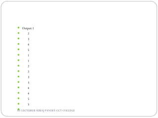  Output:1
 2
 3
 4
 5
 1
 1
 2
 2
 3
 3
 4
 4
 5
 5
  BY LECTURER SURAJ PANDEY CCT COLLEGE
 