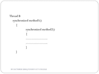 Thread B
synchronized method1()
{
synchronized method2()
{
………………..
………………..
}
}
BY LECTURER SURAJ PANDEY CCT COLLEGE
 