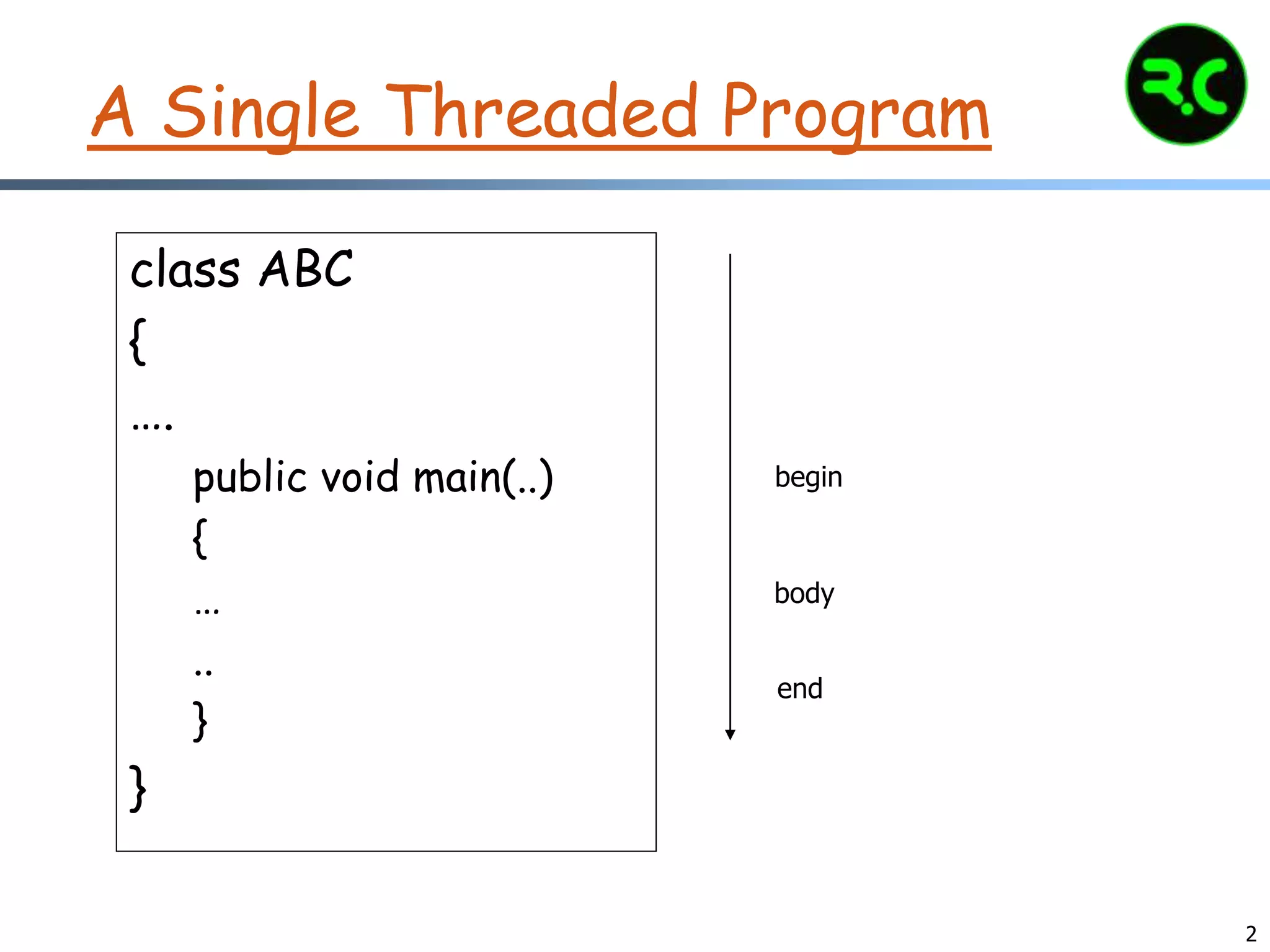 2
A Single Threaded Program
class ABC
{
….
public void main(..)
{
…
..
}
}
begin
body
end
 
