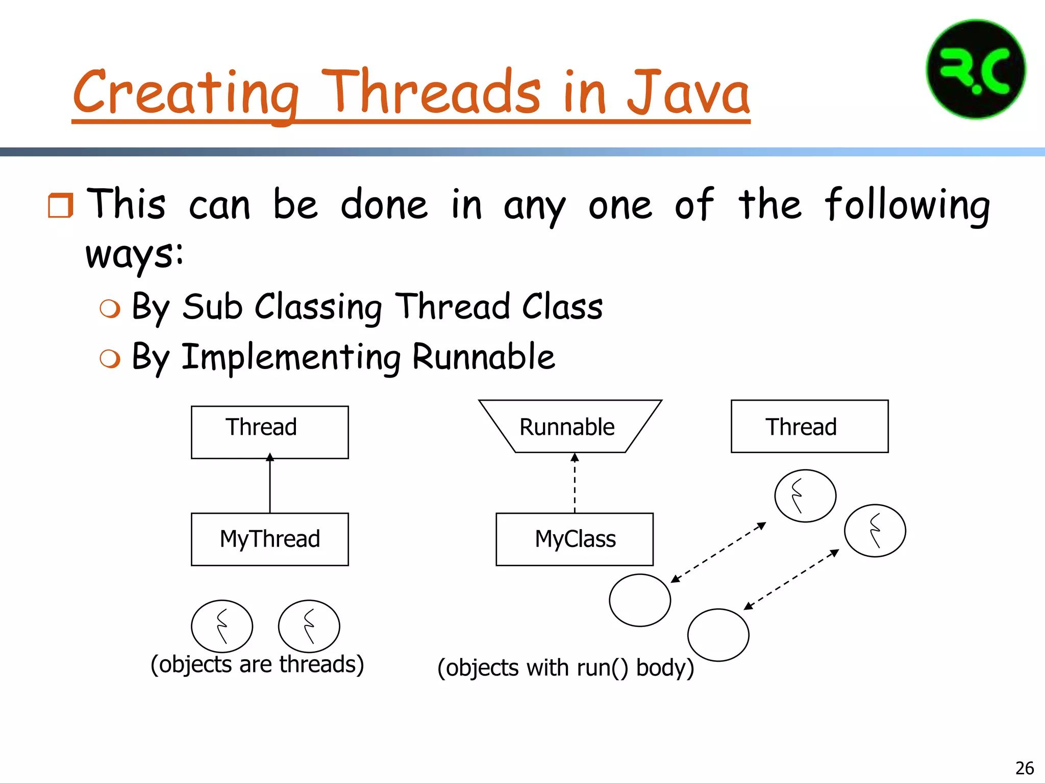 26
Creating Threads in Java
 This can be done in any one of the following
ways:
 By Sub Classing Thread Class
 By Implementing Runnable
MyThread MyClass
Thread
(objects are threads) (objects with run() body)
Thread Runnable
 
