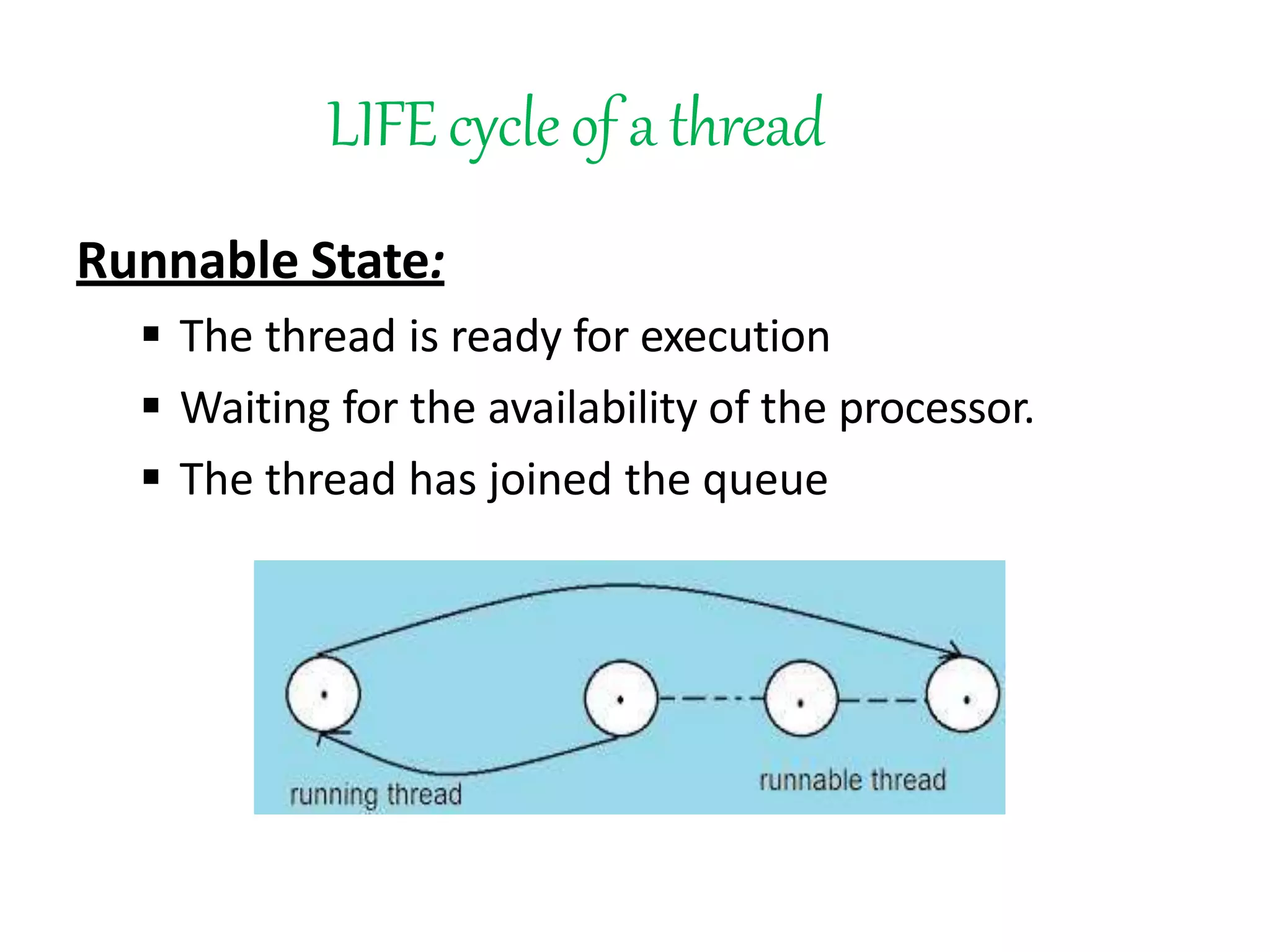 LIFEcycleof a thread
Runnable State:
 The thread is ready for execution
 Waiting for the availability of the processor.
 The thread has joined the queue
 