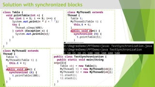 Solution with synchronized blocks
class Table {
void printTable(int n) {
for (int i = 1; i <= 5; i++) {
System.out.print(n * i + " ");
try {
Thread.sleep(400);
} catch (Exception e) {
System.out.println(e);
}
}
}
}
class MyThread1 extends
Thread {
Table t;
MyThread1(Table t) {
this.t = t;
}
public void run() {
synchronized (t) {
t.printTable(5);
}
}
}
class MyThread2 extends
Thread {
Table t;
MyThread1(Table t) {
this.t = t;
}
public void run() {
synchronized (t) {
t.printTable(100);
}
}
}
public class TestSynchronization {
public static void main(String
args[]){
Table obj = new Table();
MyThread1 t1 = new MyThread1(obj);
MyThread2 t2 = new MyThread2(obj);
t1.start();
t2.start();
}
}
 