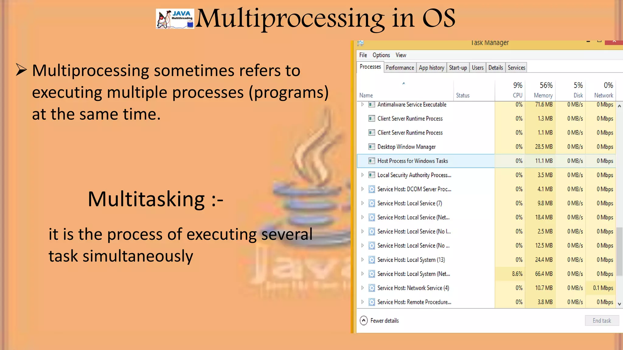Multiprocessing in OS  Multiprocessing sometimes refers to executing multiple processes (programs) at the same time. Multitasking :- it is the process of executing several task simultaneously 