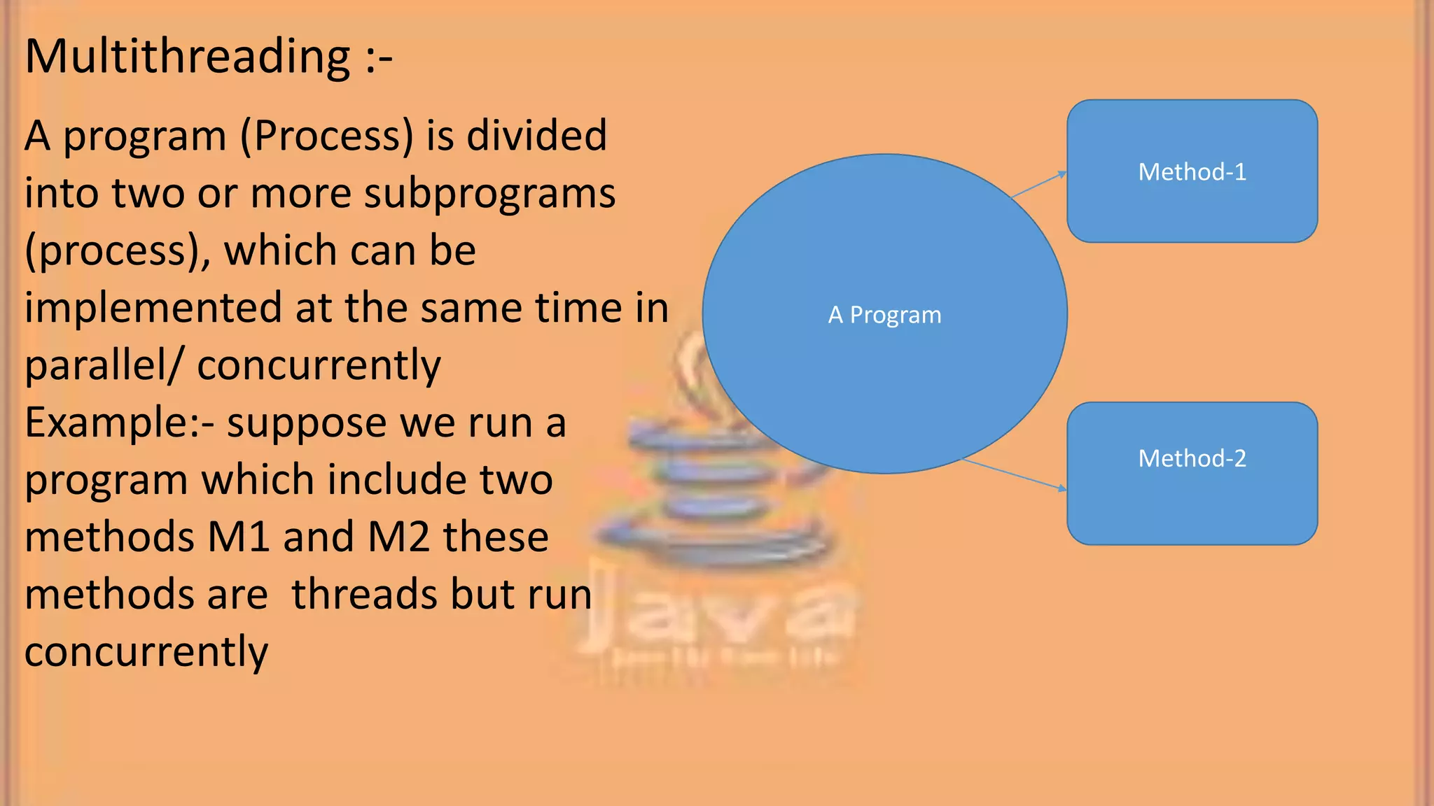 A program (Process) is divided into two or more subprograms (process), which can be implemented at the same time in parallel/ concurrently Example:- suppose we run a program which include two methods M1 and M2 these methods are threads but run concurrently A Program Method-1 Method-2 Multithreading :- 