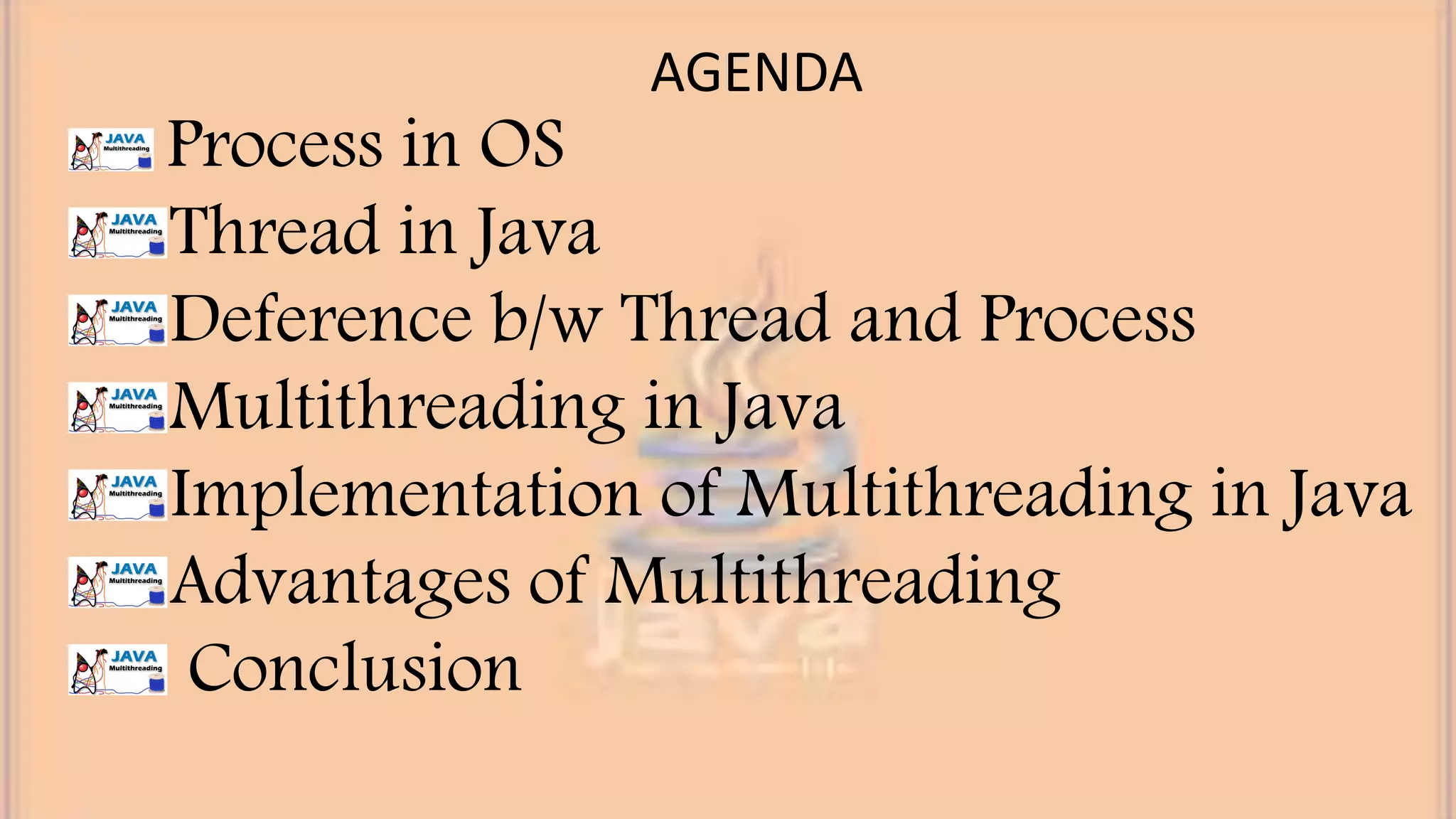 AGENDA Process in OS Thread in Java Deference b/w Thread and Process Multithreading in Java Implementation of Multithreading in Java Advantages of Multithreading Conclusion 