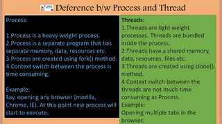 Deference b/w Process and Thread
Threads:
1.Threads are light weight
processes. Threads are bundled
inside the process.
2.Threads have a shared memory,
data, resources, files etc.
3.Threads are created using clone()
method.
4.Context switch between the
threads are not much time
consuming as Process.
Example:
Opening multiple tabs in the
browser.
Process:
1.Process is a heavy weight process.
2.Process is a separate program that has
separate memory, data, resources etc.
3.Process are created using fork() method.
4.Context switch between the process is
time consuming.
Example:
Say, opening any browser (mozilla,
Chrome, IE). At this point new process will
start to execute.
 