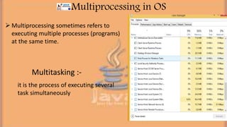 Multiprocessing in OS
 Multiprocessing sometimes refers to
executing multiple processes (programs)
at the same time.
Multitasking :-
it is the process of executing several
task simultaneously
 