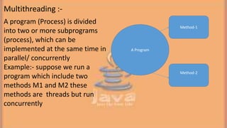 A program (Process) is divided
into two or more subprograms
(process), which can be
implemented at the same time in
parallel/ concurrently
Example:- suppose we run a
program which include two
methods M1 and M2 these
methods are threads but run
concurrently
A Program
Method-1
Method-2
Multithreading :-
 