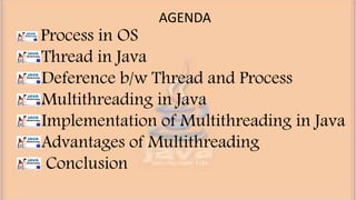 AGENDA
Process in OS
Thread in Java
Deference b/w Thread and Process
Multithreading in Java
Implementation of Multithreading in Java
Advantages of Multithreading
Conclusion
 