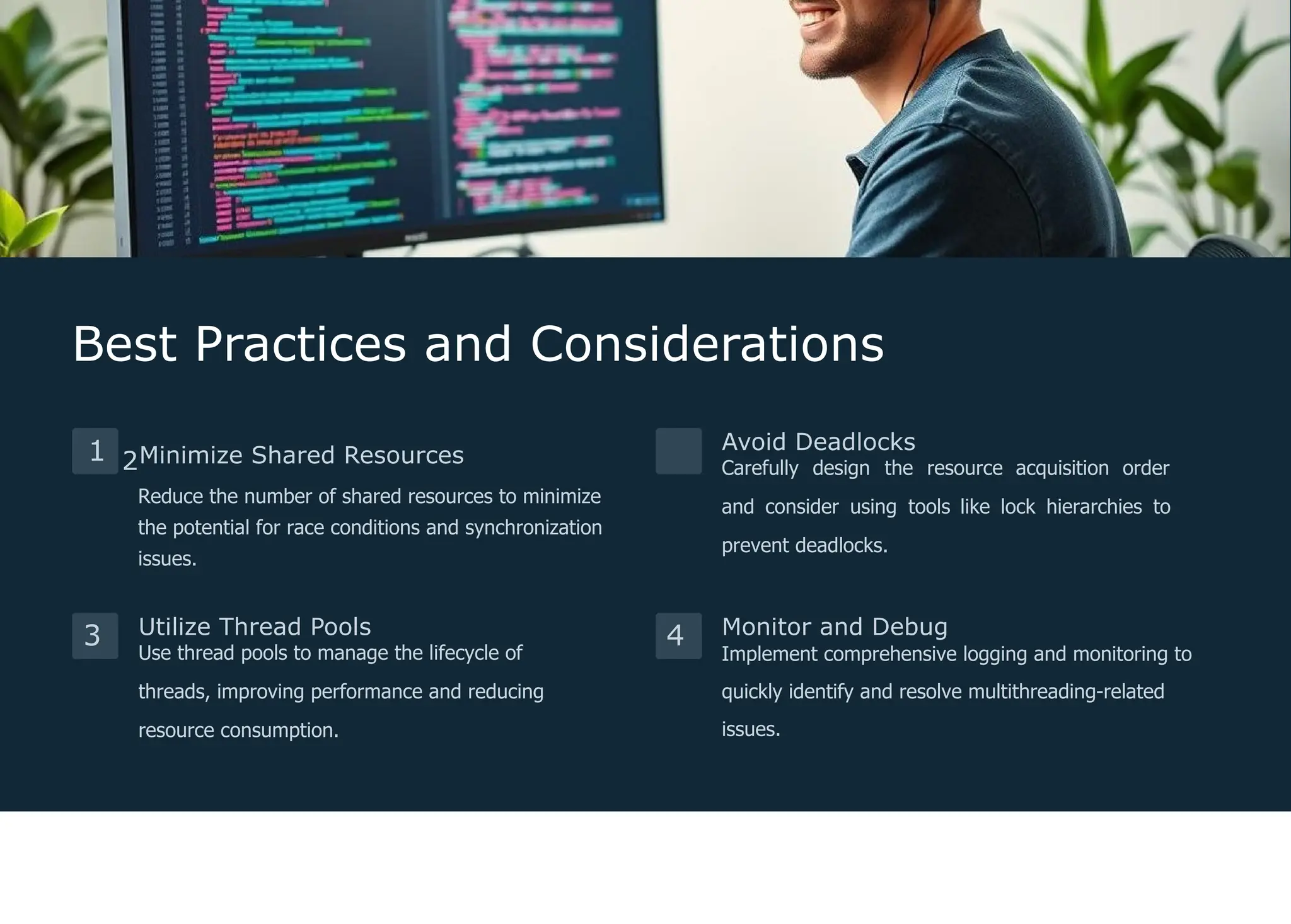 Best Practices and Considerations 1 3 4 Utilize Thread Pools Use thread pools to manage the lifecycle of threads, improving performance and reducing resource consumption. Avoid Deadlocks Carefully design the resource acquisition order and consider using tools like lock hierarchies to prevent deadlocks. Monitor and Debug Implement comprehensive logging and monitoring to quickly identify and resolve multithreading-related issues. 2Minimize Shared Resources Reduce the number of shared resources to minimize the potential for race conditions and synchronization issues. 