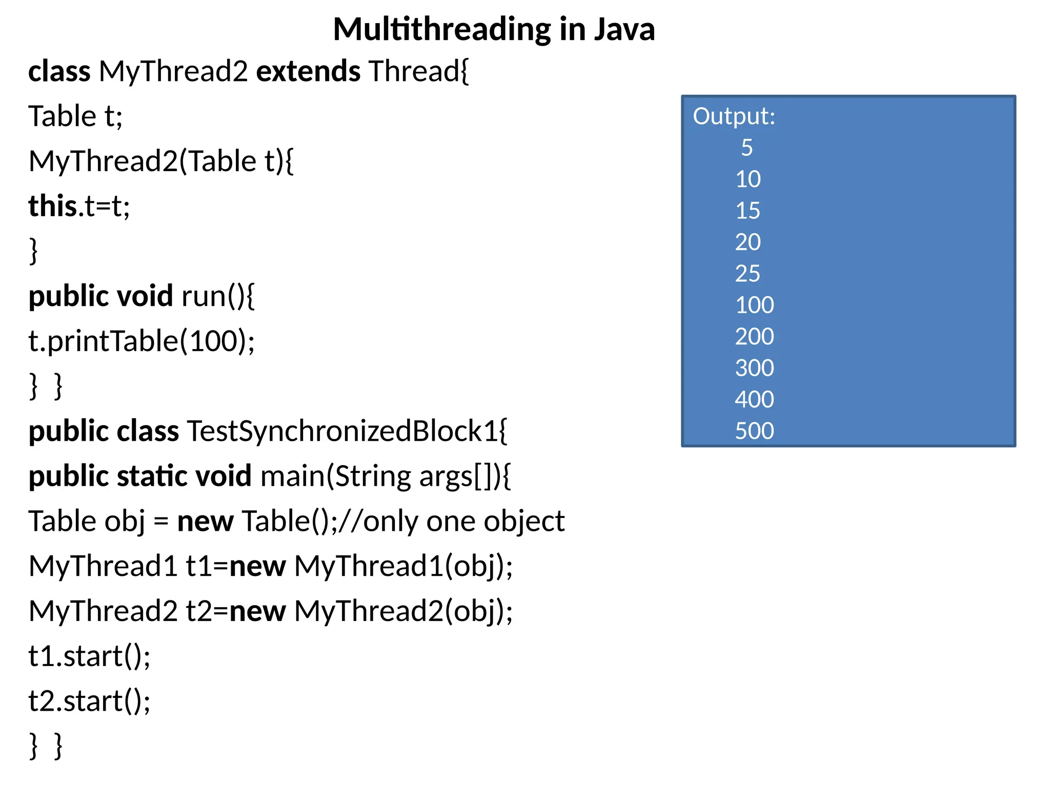class MyThread2 extends Thread{
Table t;
MyThread2(Table t){
this.t=t;
}
public void run(){
t.printTable(100);
} }
public class TestSynchronizedBlock1{
public static void main(String args[]){
Table obj = new Table();//only one object
MyThread1 t1=new MyThread1(obj);
MyThread2 t2=new MyThread2(obj);
t1.start();
t2.start();
} }
Multithreading in Java
Output:
5
10
15
20
25
100
200
300
400
500
 