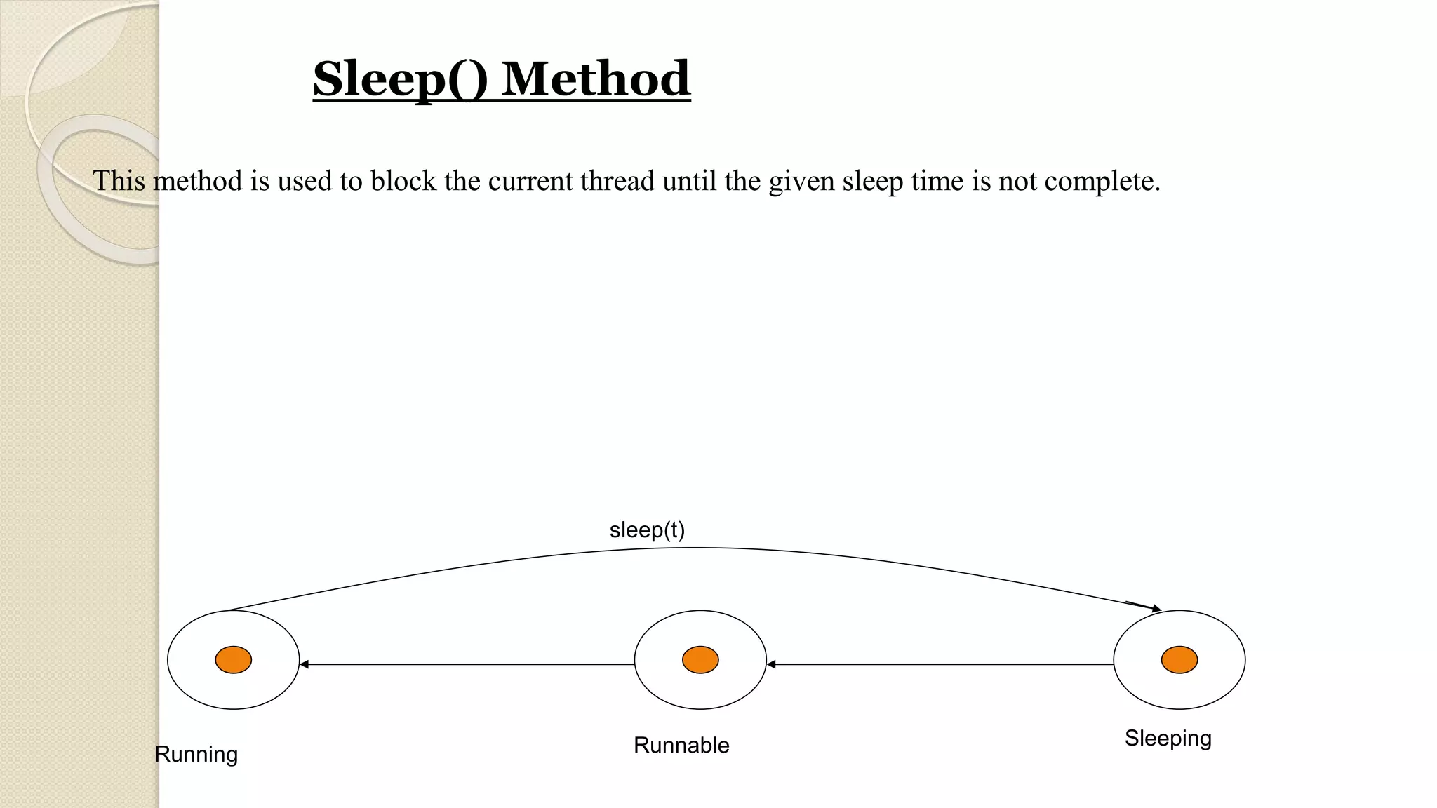This method is used to block the current thread until the given sleep time is not complete.
Running Runnable Sleeping
sleep(t)
Sleep() Method
 