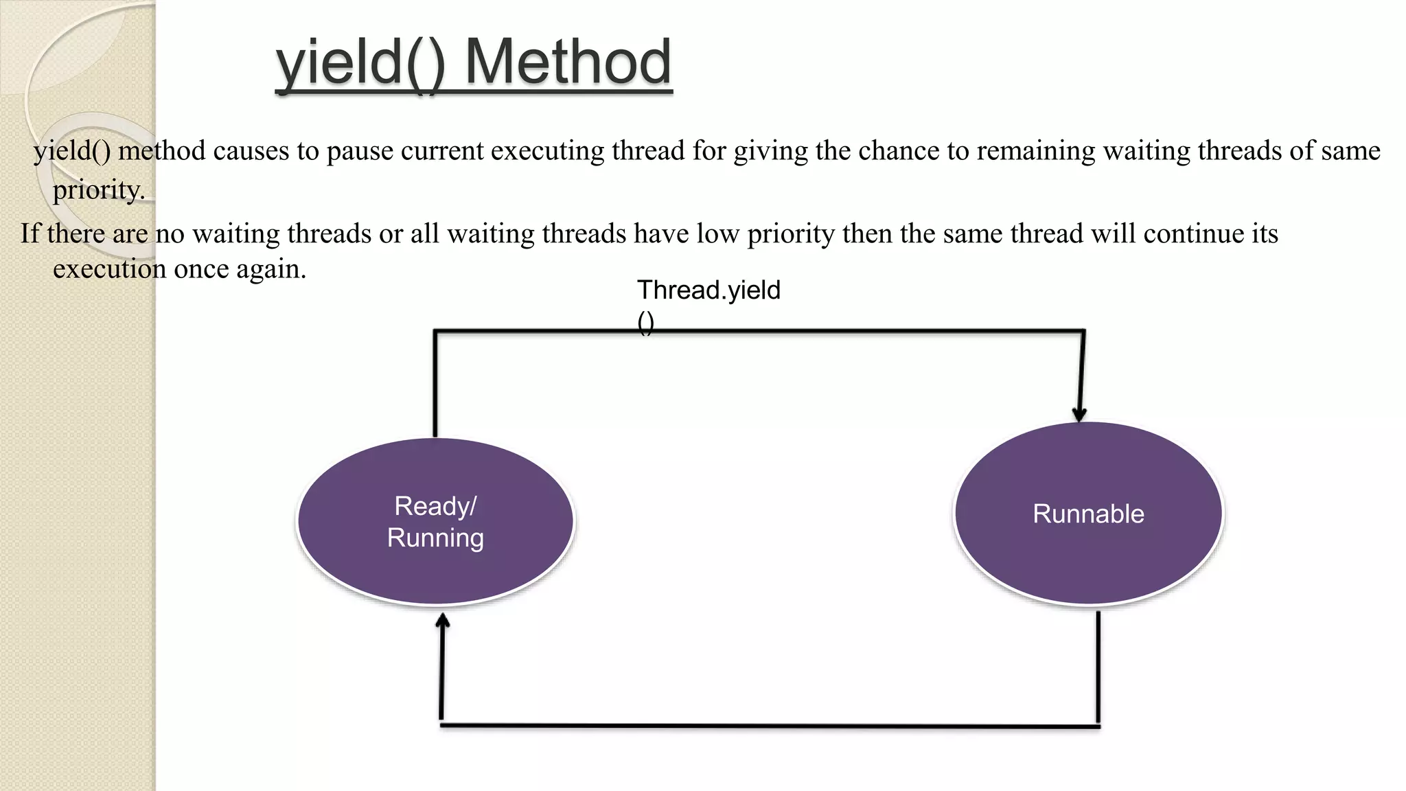 Ready/
Running
Runnable
Thread.yield
()
yield() Method
yield() method causes to pause current executing thread for giving the chance to remaining waiting threads of same
priority.
If there are no waiting threads or all waiting threads have low priority then the same thread will continue its
execution once again.
 