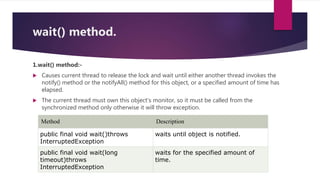 wait() method.
1.wait() method:-
 Causes current thread to release the lock and wait until either another thread invokes the
notify() method or the notifyAll() method for this object, or a specified amount of time has
elapsed.
 The current thread must own this object's monitor, so it must be called from the
synchronized method only otherwise it will throw exception.
Method Description
public final void wait()throws
InterruptedException
waits until object is notified.
public final void wait(long
timeout)throws
InterruptedException
waits for the specified amount of
time.
 