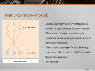 Many-to-many-model:
11-04-2021 5
• Multiplexes many user-level threads to a
smaller or equal number of kernel threads.
• The number of kernel threads may be
specific to either a particular application or
a particular machine.
• Also, when a thread performs a blocking
system call, the kernel can schedule another
thread for execution.
• Ex: network
 