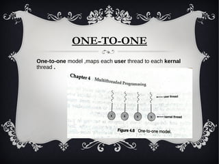 ONE-TO-ONE
One-to-one model ,maps each user thread to each kernal
thread .
 