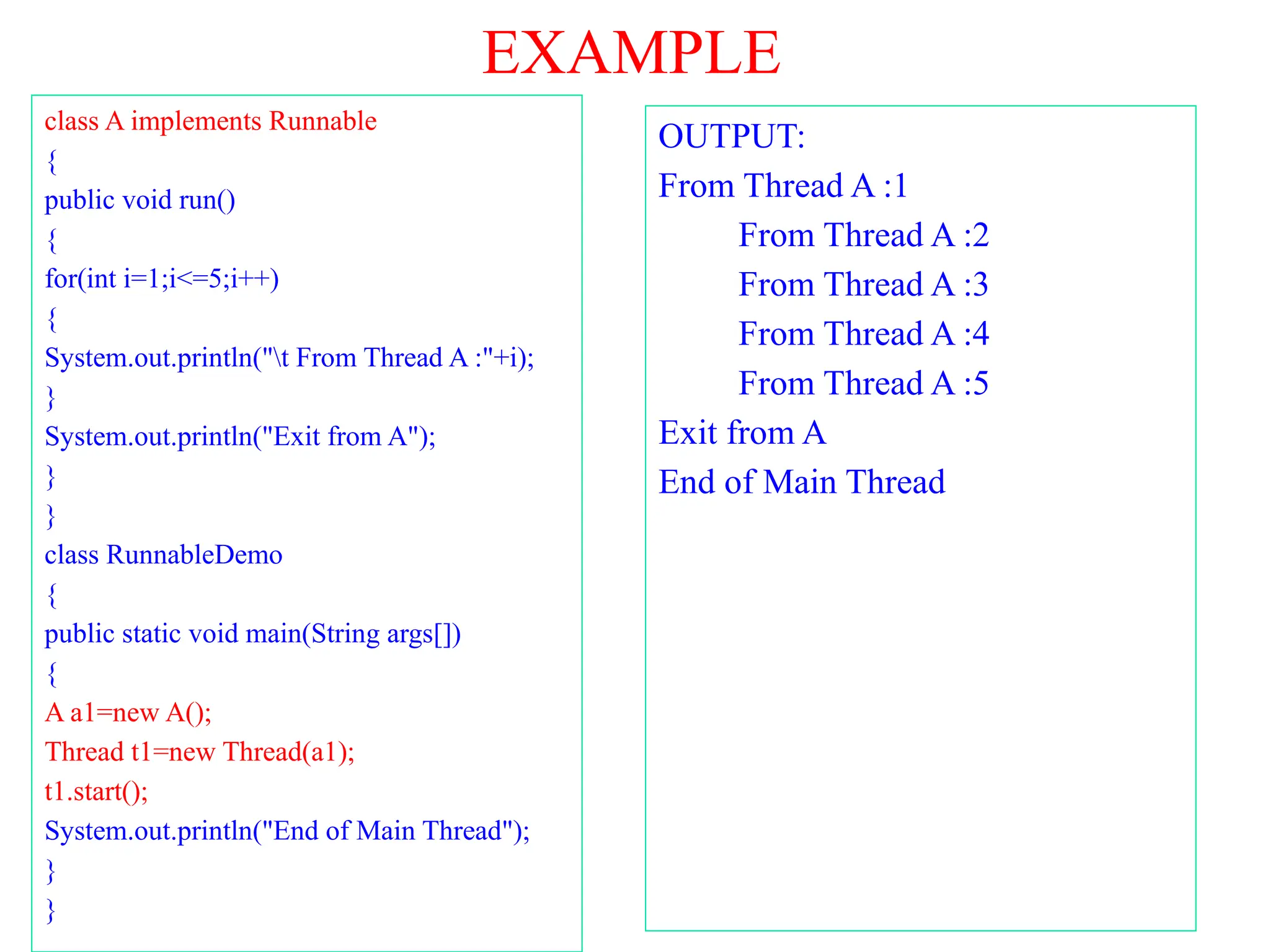 EXAMPLE
class A implements Runnable
{
public void run()
{
for(int i=1;i<=5;i++)
{
System.out.println("t From Thread A :"+i);
}
System.out.println("Exit from A");
}
}
class RunnableDemo
{
public static void main(String args[])
{
A a1=new A();
Thread t1=new Thread(a1);
t1.start();
System.out.println("End of Main Thread");
}
}
OUTPUT:
From Thread A :1
From Thread A :2
From Thread A :3
From Thread A :4
From Thread A :5
Exit from A
End of Main Thread
 