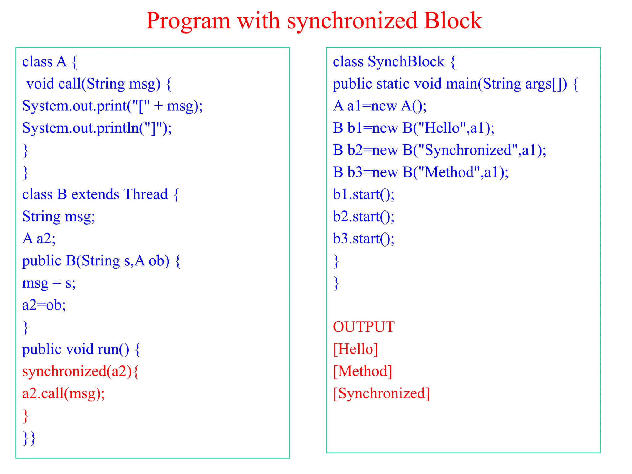 Program with synchronized Block
class A {
void call(String msg) {
System.out.print("[" + msg);
System.out.println("]");
}
}
class B extends Thread {
String msg;
A a2;
public B(String s,A ob) {
msg = s;
a2=ob;
}
public void run() {
synchronized(a2){
a2.call(msg);
}
}}
class SynchBlock {
public static void main(String args[]) {
A a1=new A();
B b1=new B("Hello",a1);
B b2=new B("Synchronized",a1);
B b3=new B("Method",a1);
b1.start();
b2.start();
b3.start();
}
}
OUTPUT
[Hello]
[Method]
[Synchronized]
 