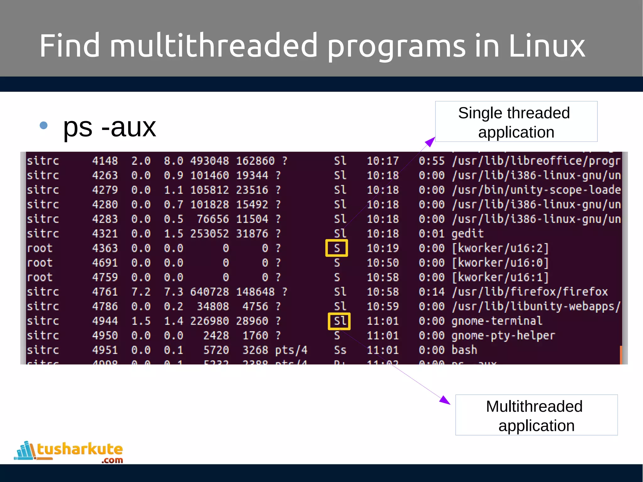 Find multithreaded programs in Linux • ps -aux Multithreaded application Single threaded application 