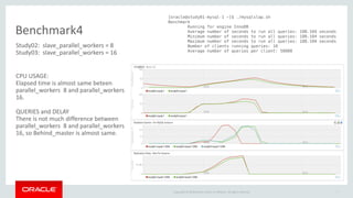 Copyright © 2016 Oracle and/or its affiliates. All rights reserved.
Benchmark4
7
[oracle@study01-mysql-1 ~]$ ./mysqlslap.sh
Benchmark
Running for engine InnoDB
Average number of seconds to run all queries: 188.104 seconds
Minimum number of seconds to run all queries: 188.104 seconds
Maximum number of seconds to run all queries: 188.104 seconds
Number of clients running queries: 10
Average number of queries per client: 50000
Study02: slave_parallel_workers = 8
Study03: slave_parallel_workers = 16
CPU USAGE:
Elapsed time is almost same beteen
parallel_workers 8 and parallel_workers
16.
QUERIES and DELAY
There is not much difference between
parallel_workers 8 and parallel_workers
16, so Behind_master is almost same.
 