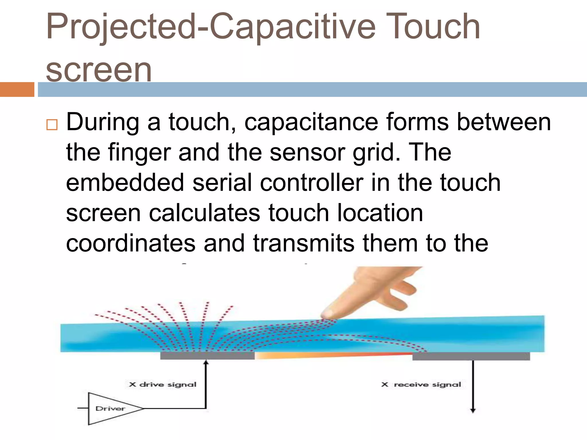 Projected-Capacitive Touch 
screen 
 During a touch, capacitance forms between 
the finger and the sensor grid. The 
embedded serial controller in the touch 
screen calculates touch location 
coordinates and transmits them to the 
computer for processing. 
 