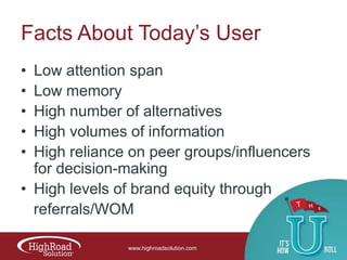 Facts About Today‟s User
•
•
•
•
•

Low attention span
Low memory
High number of alternatives
High volumes of information
High reliance on peer groups/influencers
for decision-making
• High levels of brand equity through
referrals/WOM
www.highroadsolution.com

 