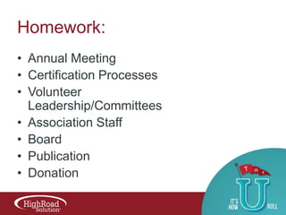 Homework:
• Annual Meeting
• Certification Processes
• Volunteer
Leadership/Committees
• Association Staff
• Board
• Publication
• Donation

 