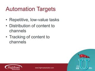 Automation Targets
• Repetitive, low-value tasks
• Distribution of content to
channels
• Tracking of content to
channels

www.highroadsolution.com

 