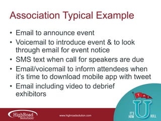 Association Typical Example
• Email to announce event
• Voicemail to introduce event & to look
through email for event notice
• SMS text when call for speakers are due
• Email/voicemail to inform attendees when
it‟s time to download mobile app with tweet
• Email including video to debrief
exhibitors
www.highroadsolution.com

 